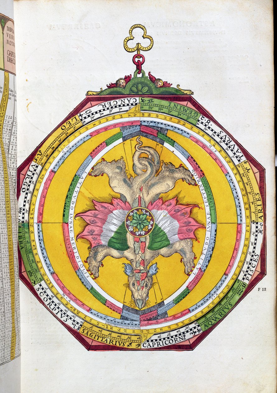 BT1.70.2 Volvelleor com o zodíaco, ilustração de Astronimicum Caesareum pelo bar de Peter Apian (Bennewitz) (1495-1552). em Ingolstadt, 1540 (xilogravura colorida) de German School