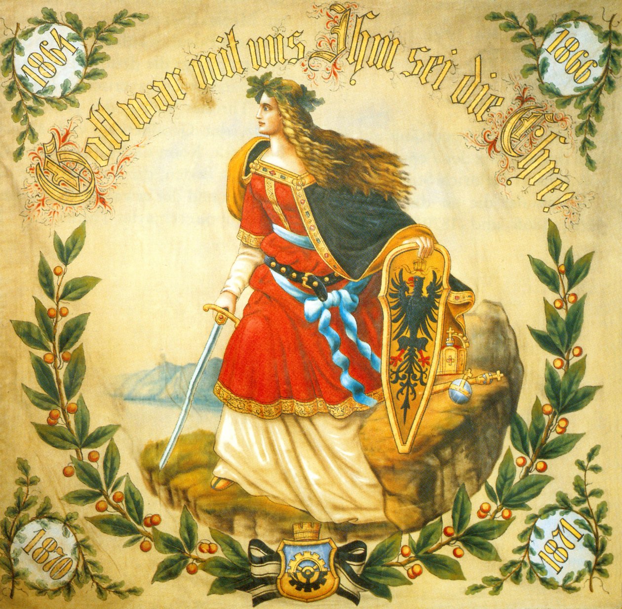 Estandarte com a imagem da Germânia, símbolo de uma Alemanha unida, c.1918 (gravura) de German School