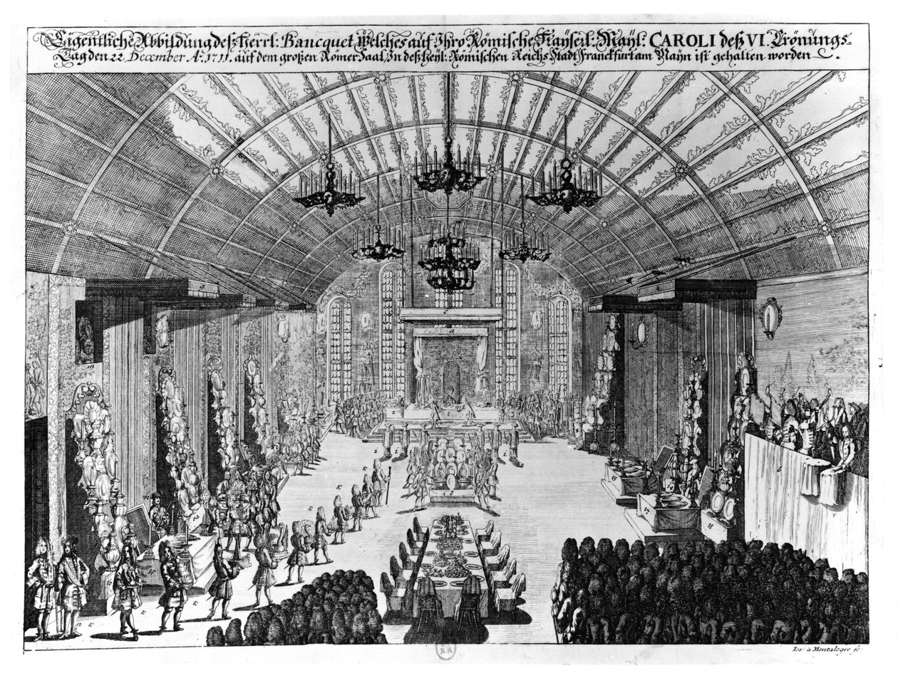 Banquete no Salão Romer em Frankfurt-am-Main, em homenagem à coroação de Carlos VI (1685-1740) em 22 de dezembro de 1711 de German School