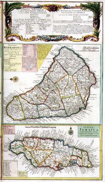 Barbados e Jamaica, detalhe de um mapa de colônias inglesas nas Caraíbas, bar. por Homanns herdeiros, Nuremberg, c.1750 (detalhe de 101836) de German School