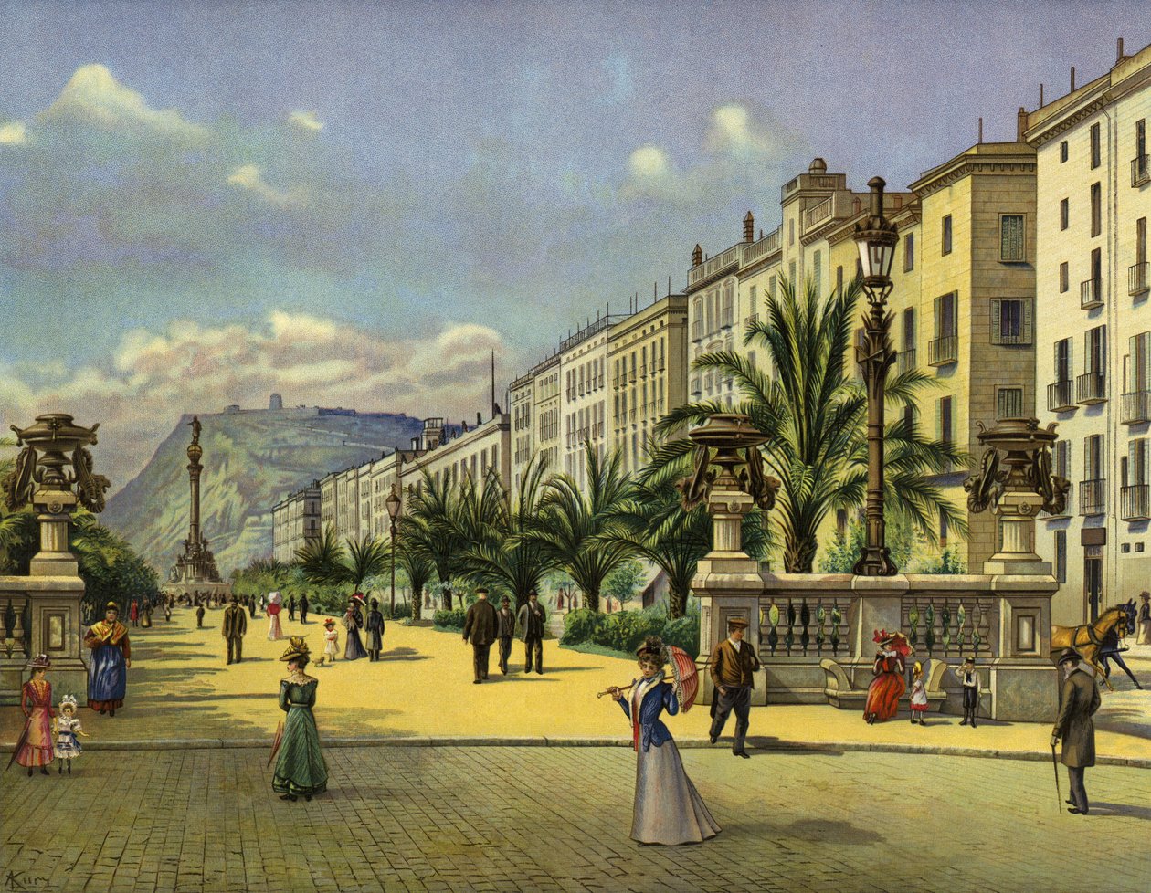 Barcelona, Paseo de Colon (cromolitho) de German School