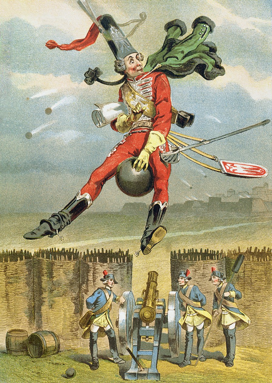 Barão Munchausen voando sobre as linhas inimigas em uma bala de canhão, ilustração de uma edição alemã de The Adventures of Baron Munchausen de German School