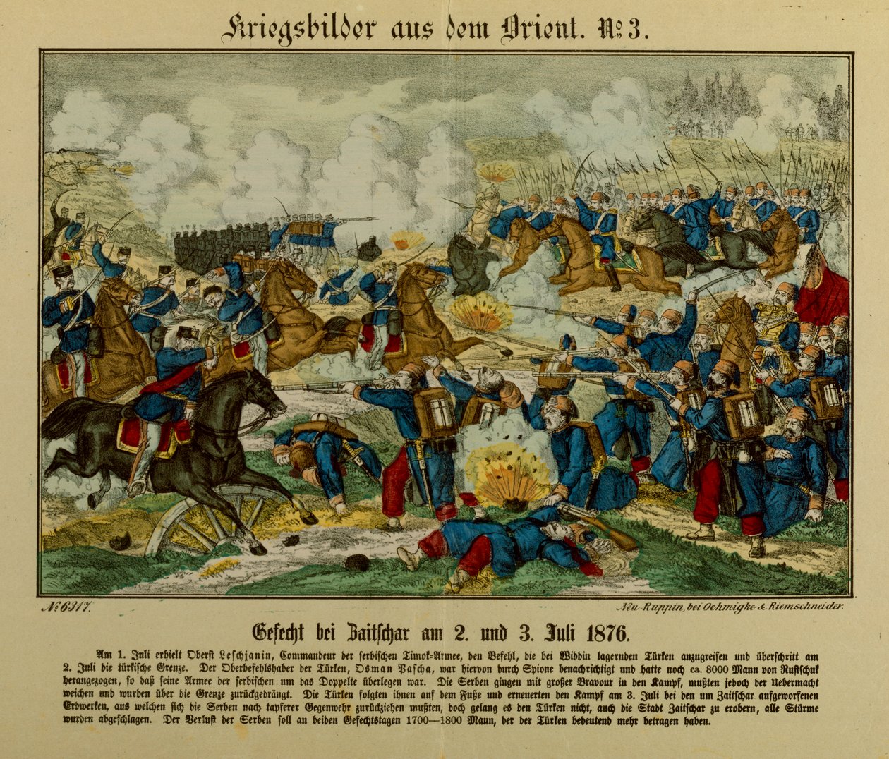 Batalha em Zajecar, 2-3 de julho de 1876, durante a Primeira Guerra Serbo-Otomana (1876-1877), Neuruppiner Bilderbogen, 1876 de German School