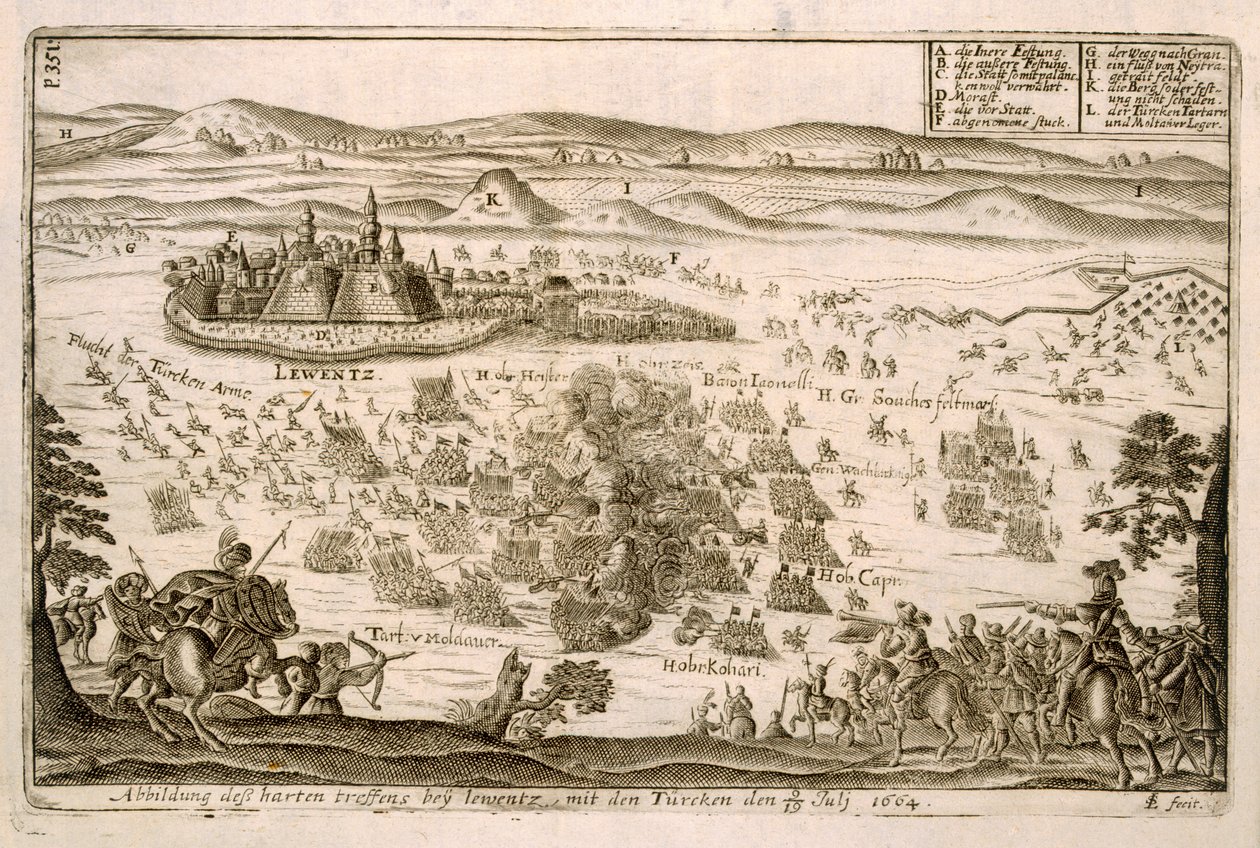 Batalha perto da cidade de Levice em 1664, ilustração de um livro sobre as campanhas otomanas na Europa, gravada por Paul Furst (c.1605-66) de German School
