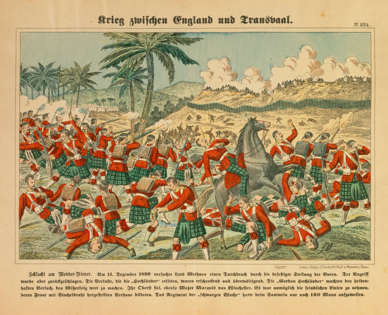 Batalha de Modder River na Guerra dos Bôeres, 11 de dezembro de 1899, publicado por C. Burckhardt, Weissenburg, 1899 de German School