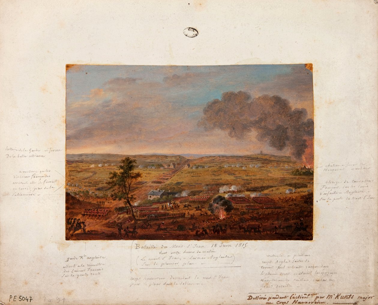 Batalha de Mont-Saint-Jean, desenhada e pintada durante a ação do Major Kunts da unidade hanoveriana, em 18 de junho de 1815 (lápis e guache sobre papelão) de German School
