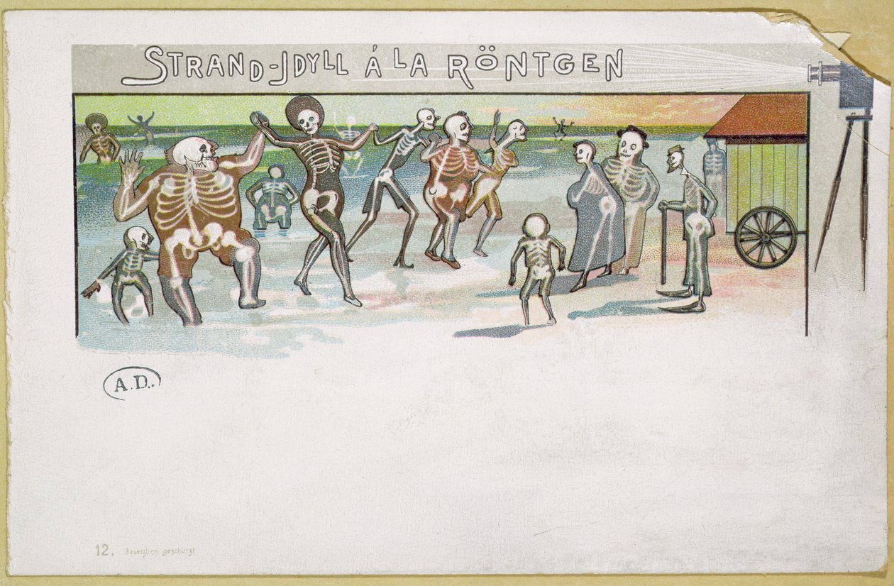 Idílio de praia em estilo de Röntgen, desenhos animados sobre raios-x, c.1896-99 (gravura de cor) de German School