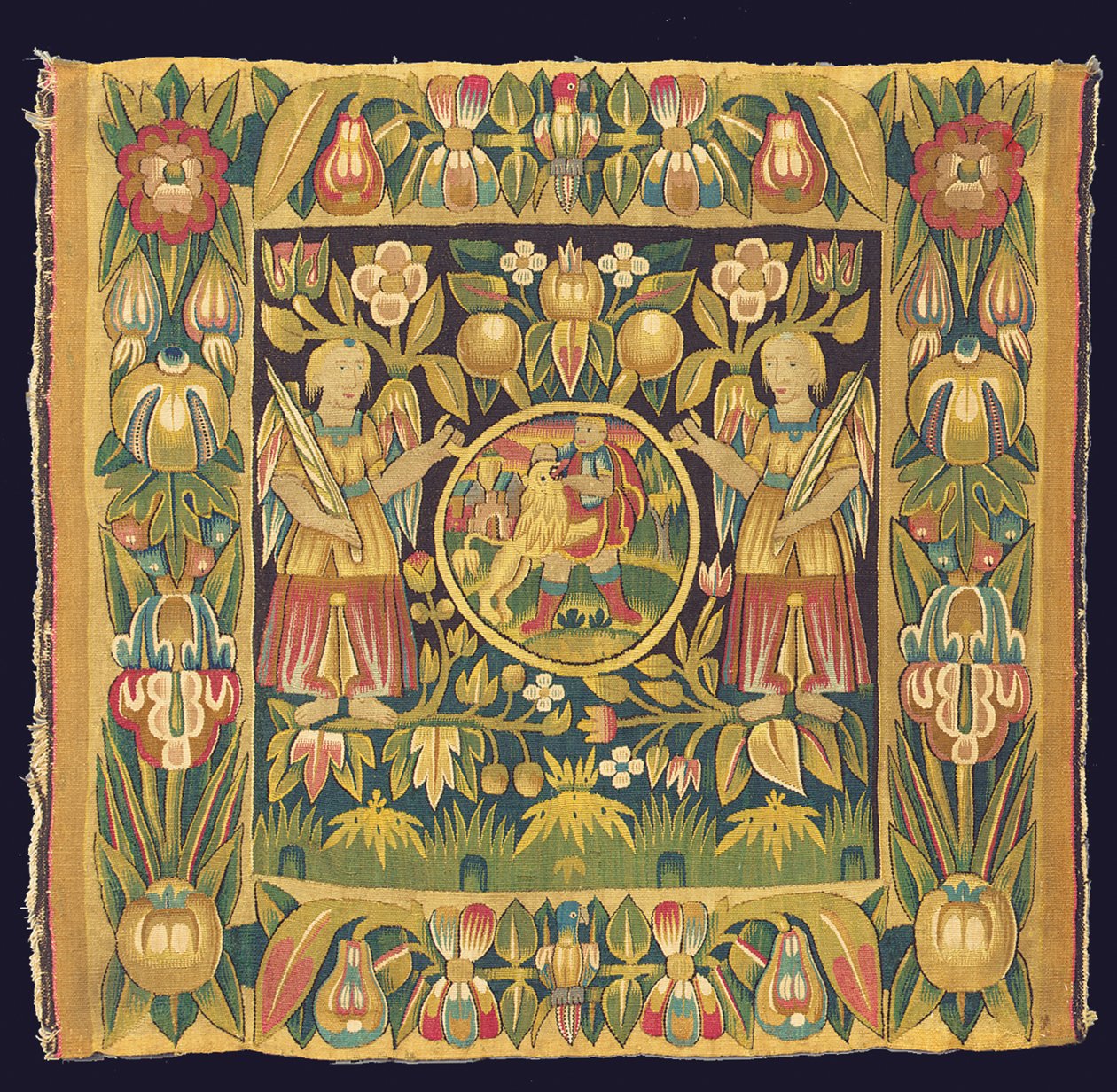 Painel de tapeçaria bíblica representando Sansão e o Leão, possivelmente do século XVII, Alemanha do Norte, Schleswig Holstein ou Hamburgo de German School