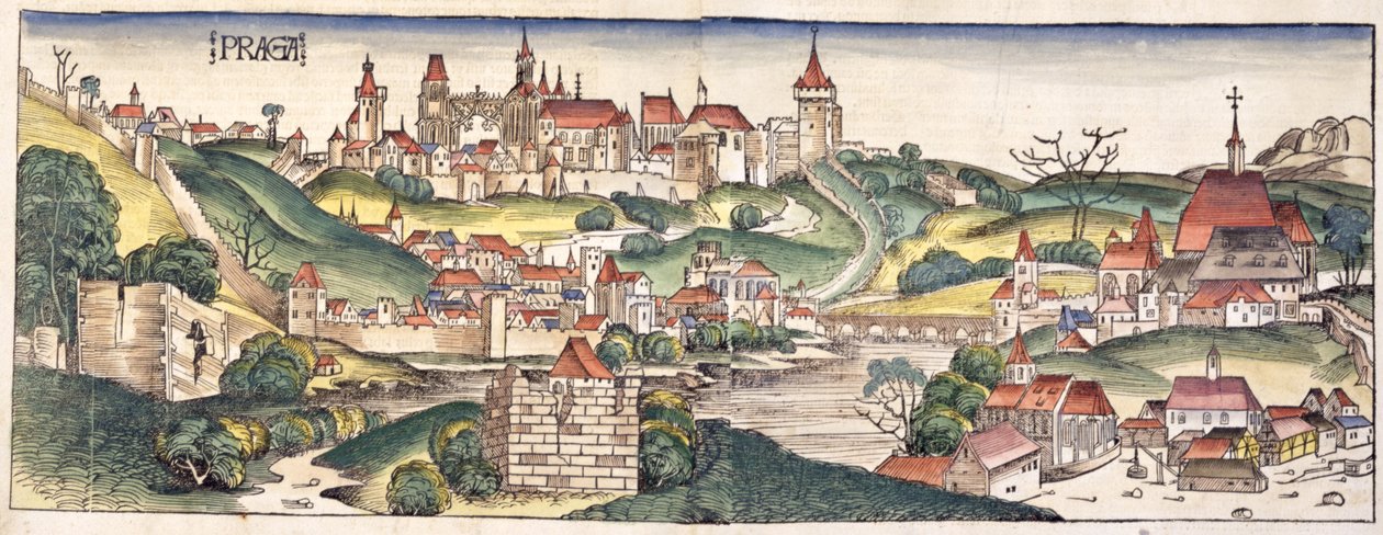 Visão de olho de pássaros de Praga do Nuremberg Chronicle por Hartmann Schedel (1440-1514) 1493 de German School