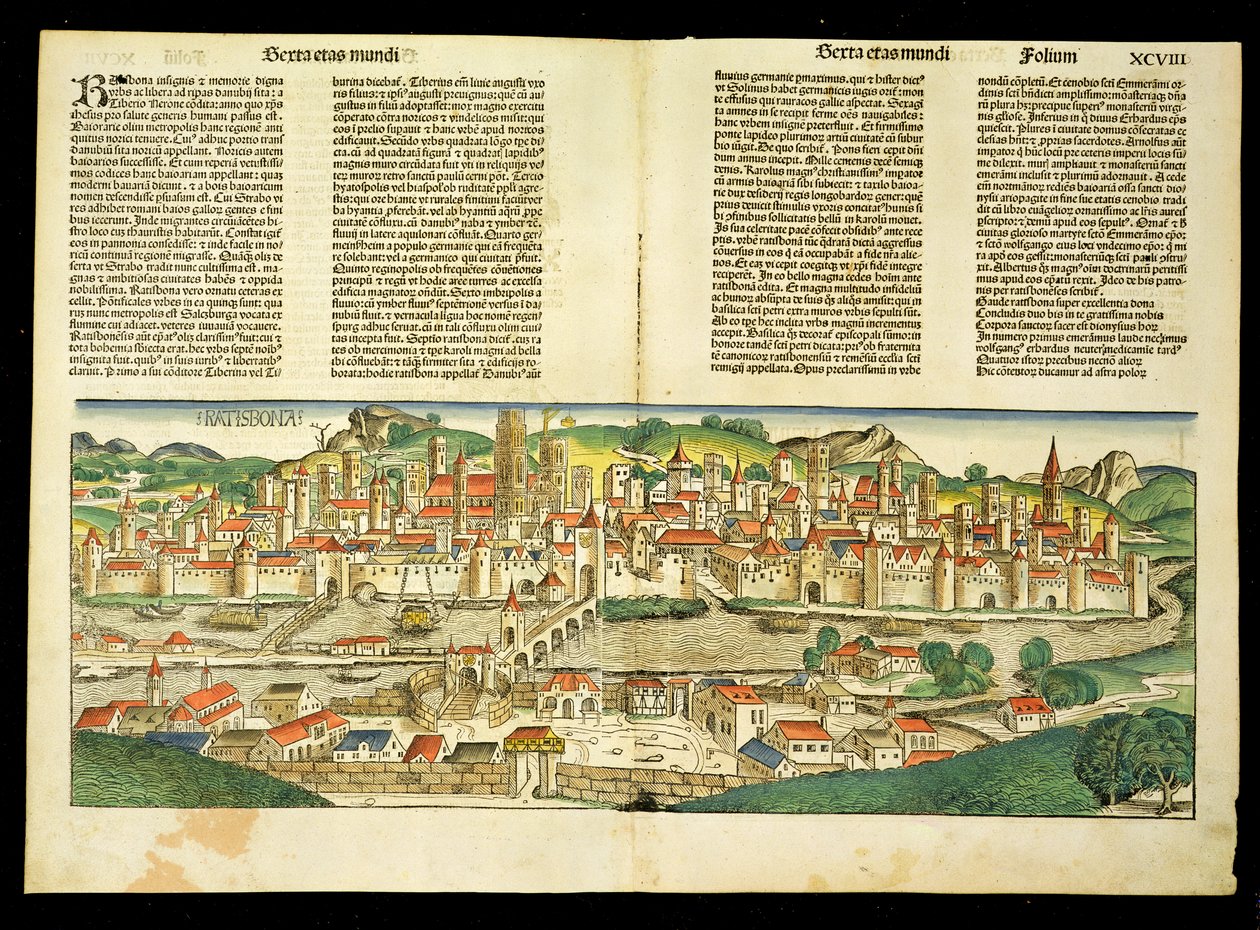 Visão de olho de pássaros de Ratisbona, da Crônica de Nuremberg por Hartmann Schedel (1440-1514) 1493 de German School