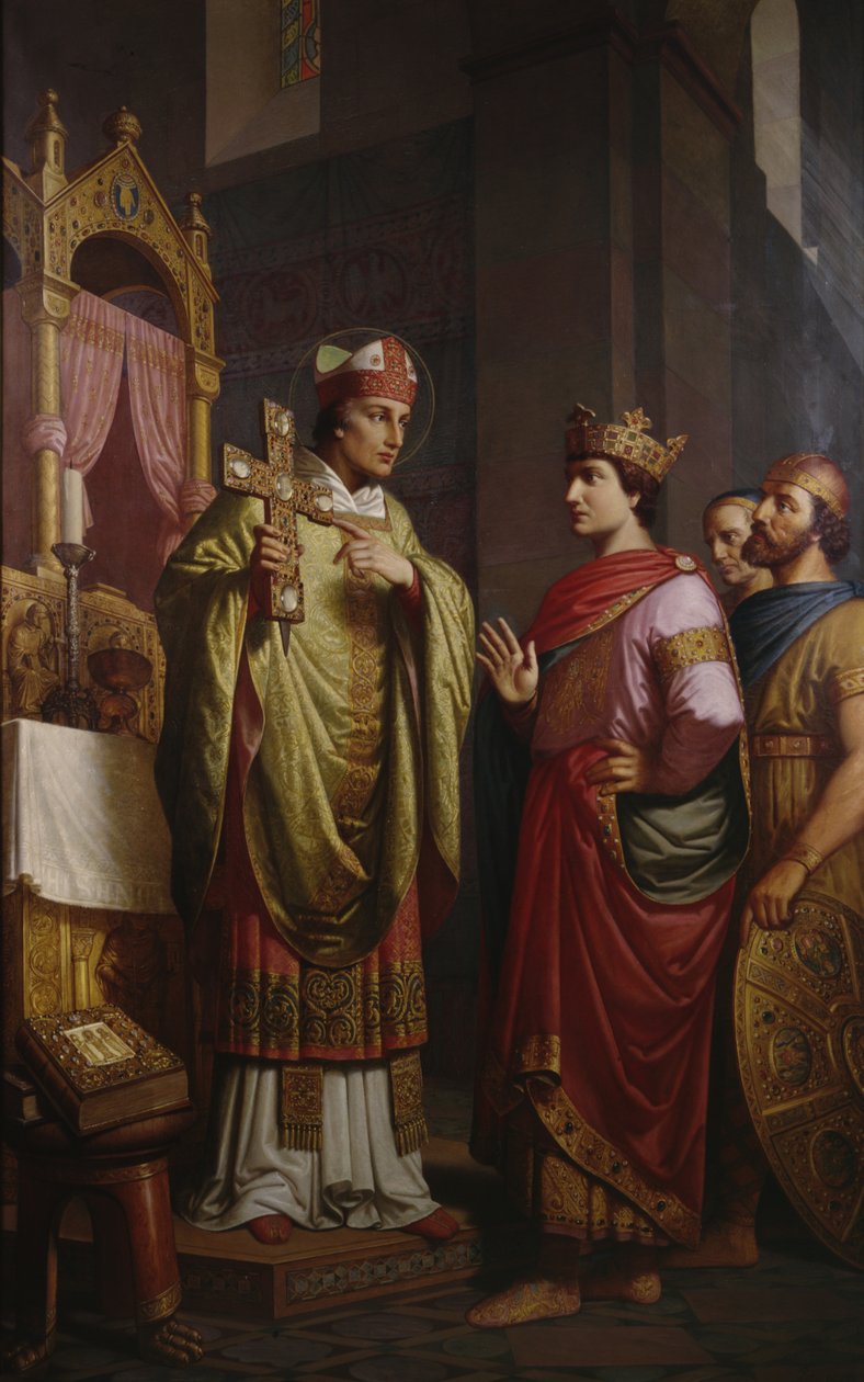 Bispo Bernward mostra ao imperador Otto III sua cruz de German School