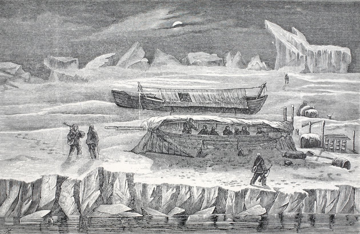 Bivouac em barcos, pub. Londres 1874 de German School