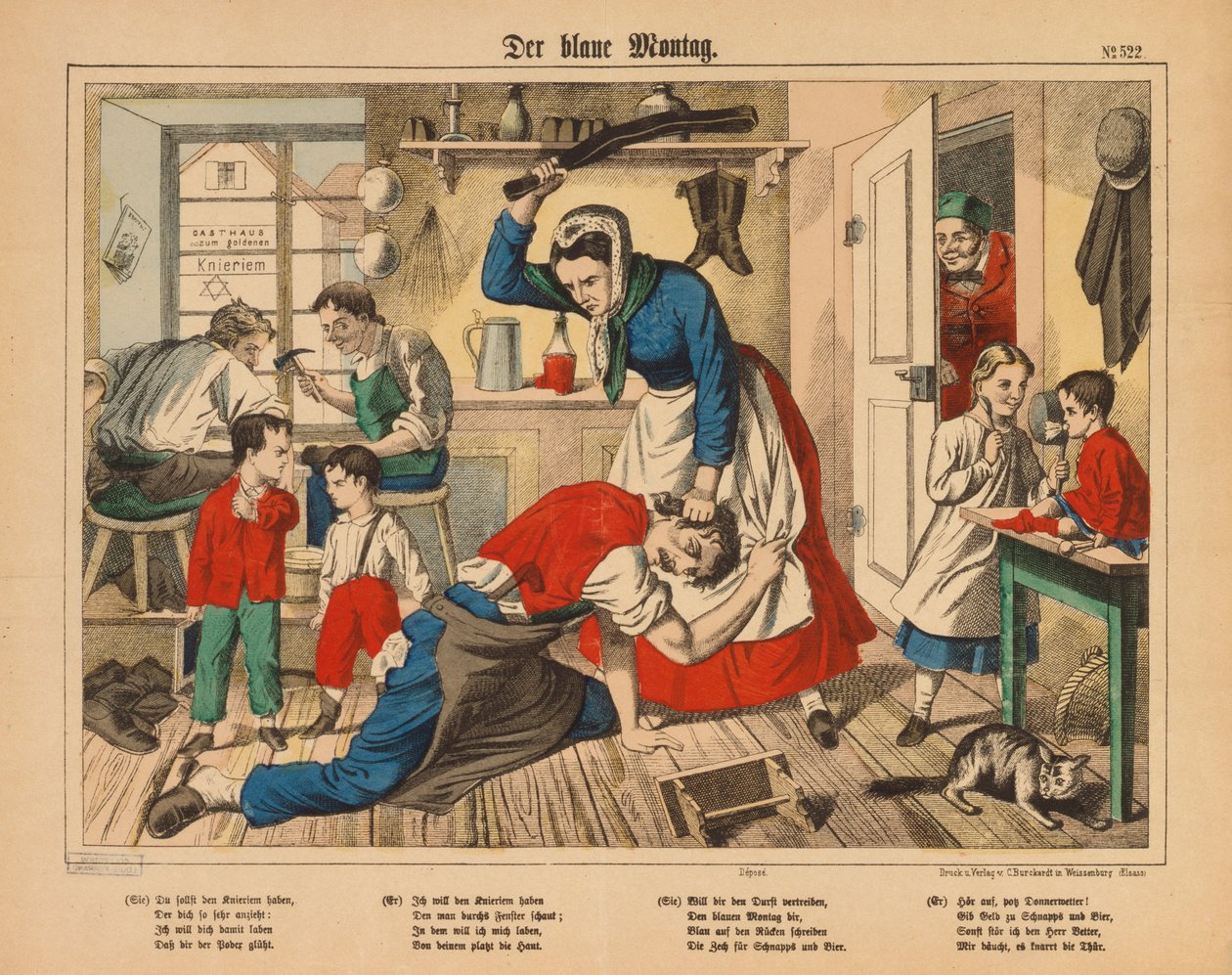 Segunda-feira azul - uma esposa de sapateiros espancando seu marido, publicado por C. Burckhardt, Weissenburg, c.1850 de German School