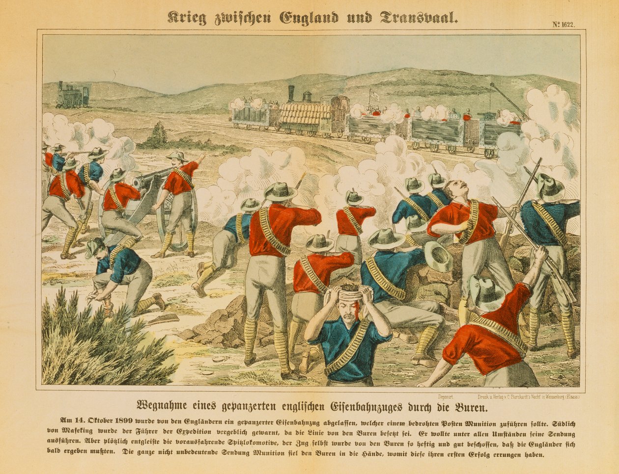 Os bôeres capturam um trem inglês blindado durante a Segunda Guerra dos Bôeres, perto de Maseking, em 14 de outubro de 1899, publicado por C. Burckhardts Nachf, Weissenburg, 1899 de German School