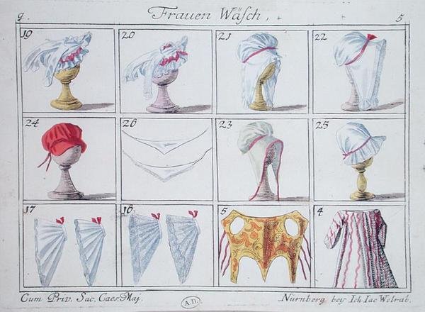 Bonés e espartilhos, de uma série sobre vestuário feminino (caneta e tinta e aguarela sobre papel) de German School