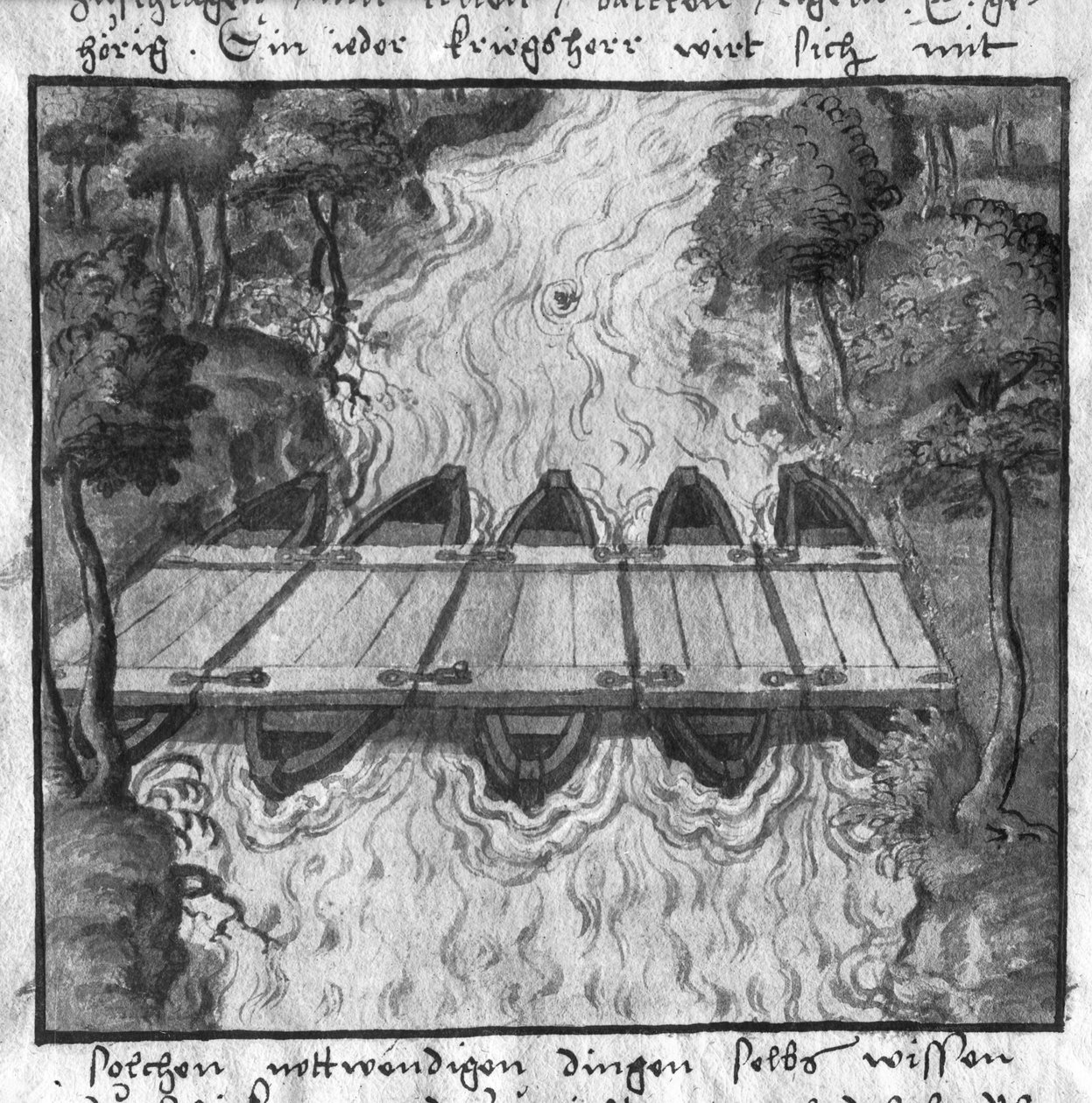 Ponte de barcos, ilustração de LArt de lartillerie por Wolff de Senftenberg, 2ª metade do século XVI de German School