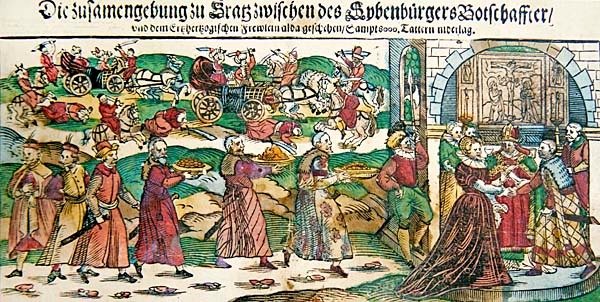 Folheto de jornal e ilustrações do casamento por procuração em março de 1595 da Arquiduquesa Maria Christina da Áustria com o embaixador de Sigismund Báthory, Príncipe de Siebenbürgen (Transilvânia) e da Batalha de Călugăreni em agosto de 1595, c.1 de German School