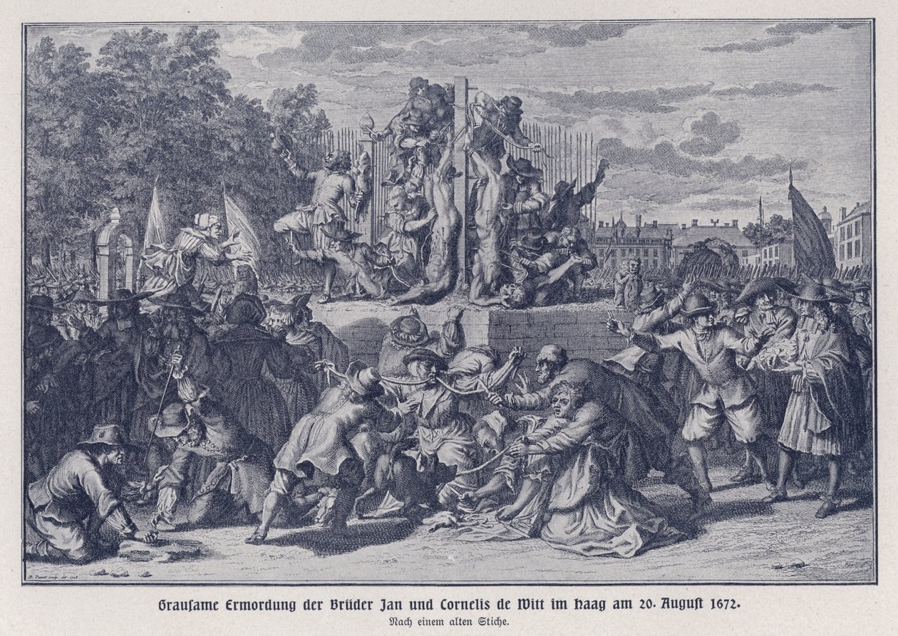 Assassinato brutal dos irmãos Jan e Cornelis de Witt por uma multidão orangista, Haia, Países Baixos, 20 de agosto de 1672 (litografia) de German School