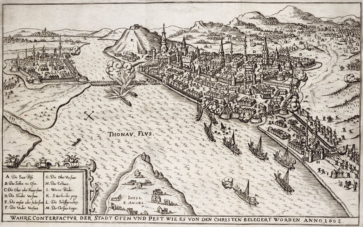 Buda e Peste sitiada pelos cristãos em 1602, ilustração de um livro sobre as campanhas otomanas na Europa, gravado por Paul Furst (c.1605-66) de German School