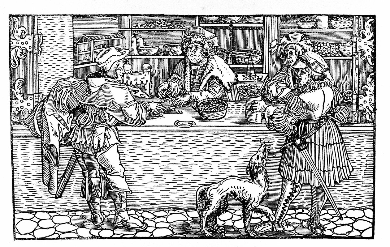 Bureau de change et barter. Xilogravura alemã do século XVI de German School