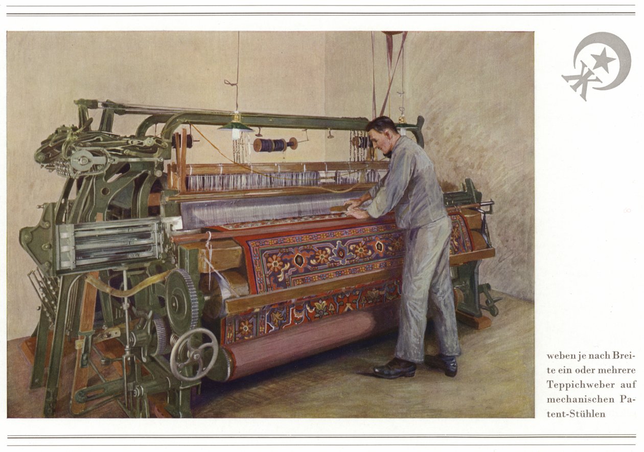 Atividade dos fabricantes de alcatifas Halbmond-Teppichfabrik Von Koch Und Te Kock (litografia a cores) de German School