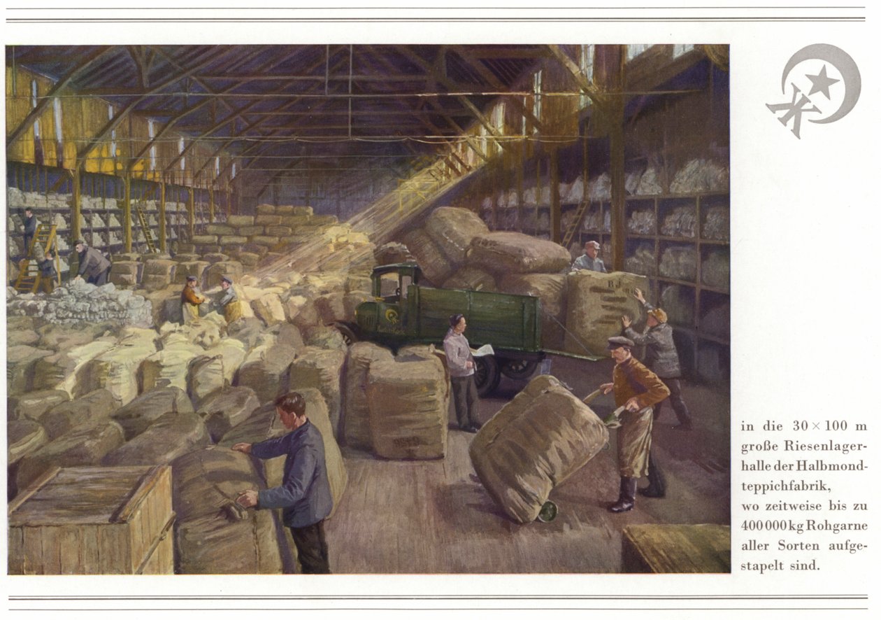 Atividade dos fabricantes de alcatifas Halbmond-Teppichfabrik Von Koch Und Te Kock (litografia a cores) de German School