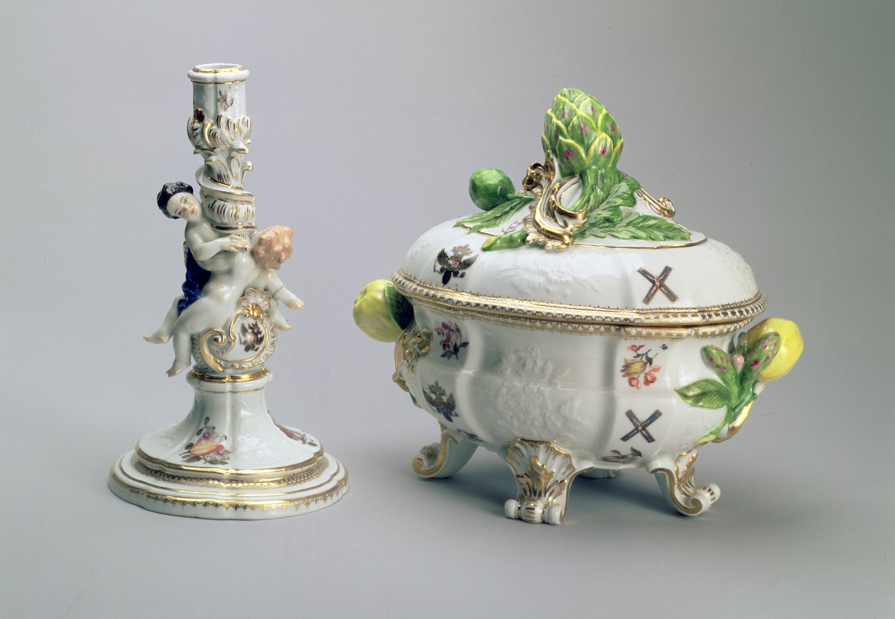 Castiçal e tigela coberta do St. Andrew Service, Meissen, 1744-5 (porcelana) de German School