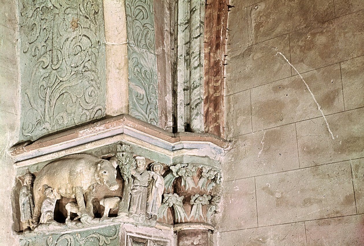 Capital retratando o Judensau, c.1301-25 (pedra) de German School