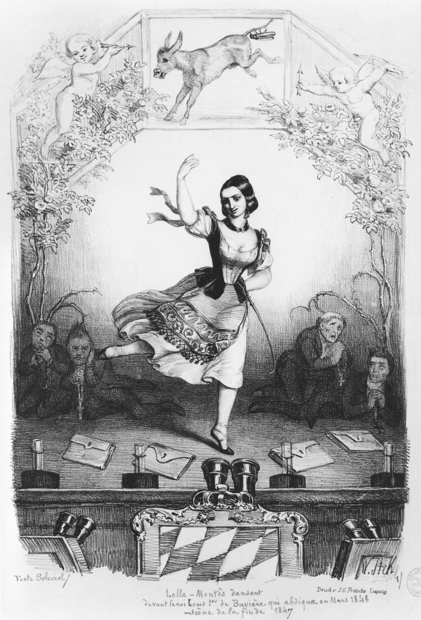 Caricatura de Lola Montes (1821-1861) dançando em frente ao rei Ludwig I da Baviera (1786-1868) c.1847 de German School