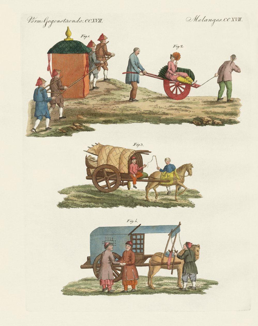 Carrinho e forma de viajar na China (gravura colorida) de German School