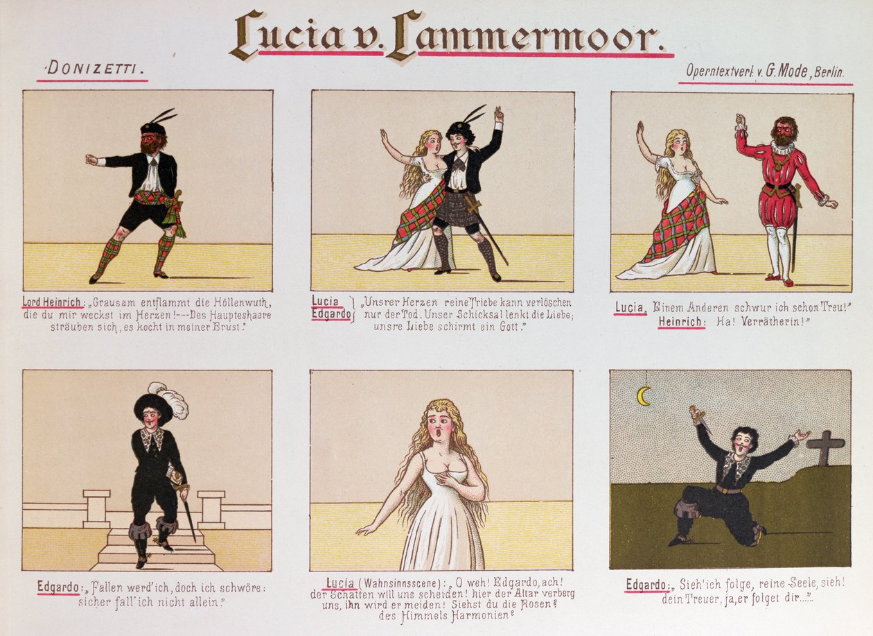Desenhos animados tirando sarro da ópera Lucia di Lammermoor por Donizetti (cor litho de German School