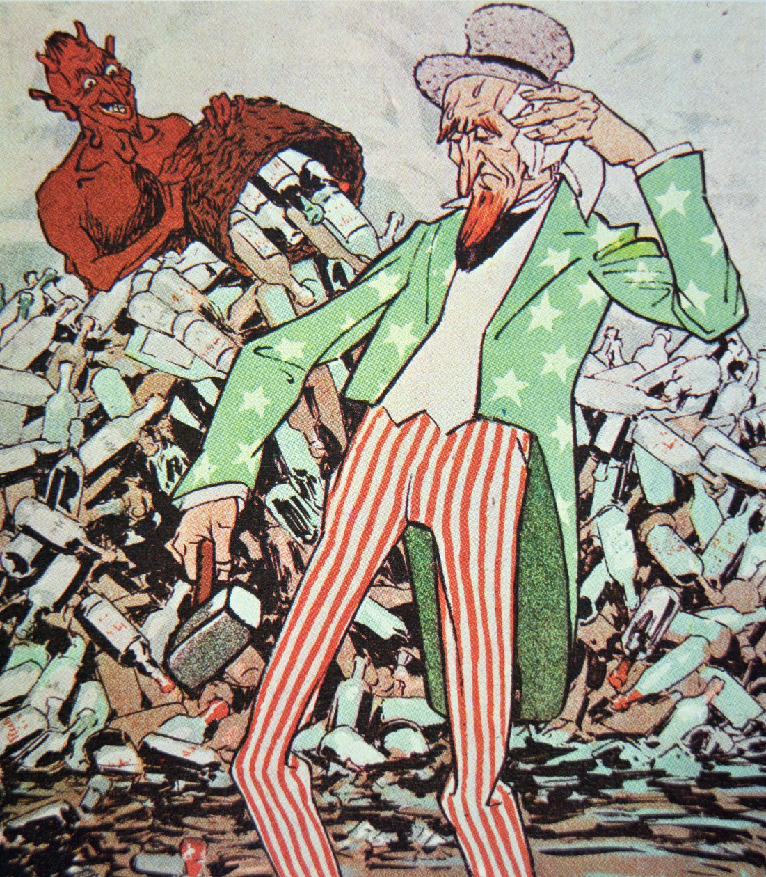 Desenho animado mostrando Uncle Sam exausto pelo fluxo de contrabando produzido pelo diabo, durante a era da proibição (1920-33) (cor litho) de German School