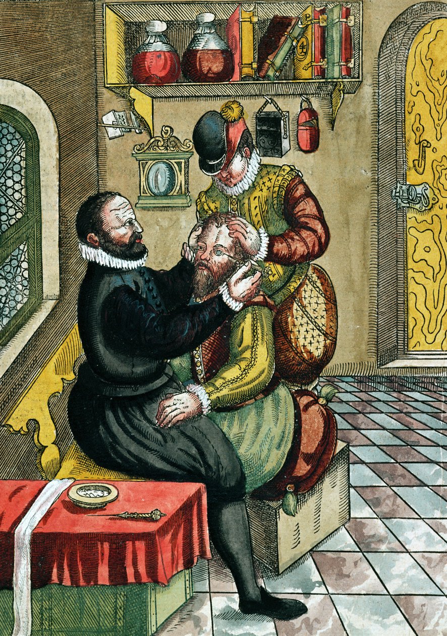 Cataract Operation, de Ophthalmodouleia por Georg Bartisch (1535-1636), publicado em Dresden em 1583 (impressão em xilogravura a cores) de German School