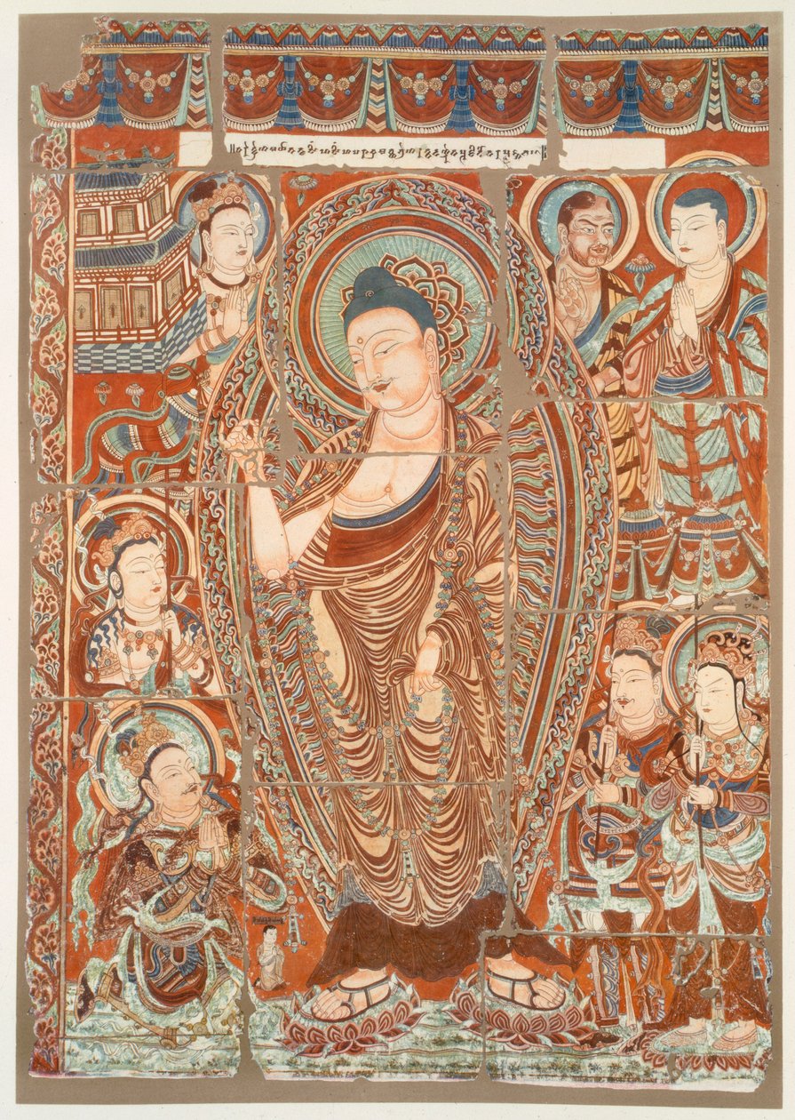 Pintura rupestre mostrando a adoração do Buda Simha, pub. C1913. de German School