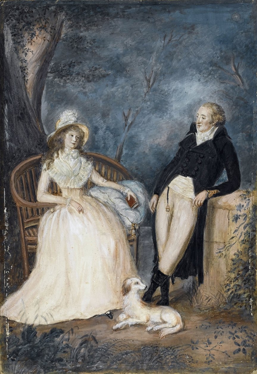 Charlotte von Stein (1742-1827) e Johann Wolfgang von Goethe (1749-1832) em conversa - mestre alemão - Segunda metade do século 18 - Aquarela sobre papelão - Coleção Privada de German School