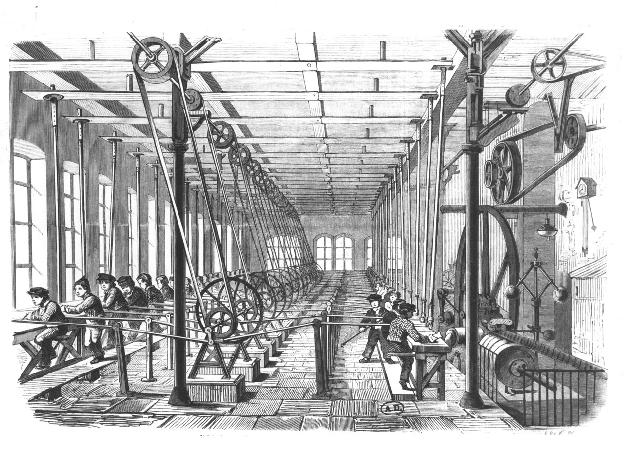 Trabalhadores infantis na fábrica de papel em Aschaffenburg, Alemanha, 1858 de German School