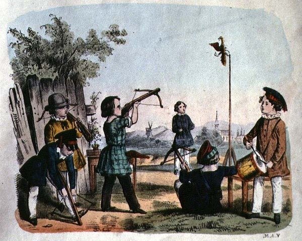 Crianças disparando um alvo com um arquebuse, c.1860 (gravação a cores) de German School