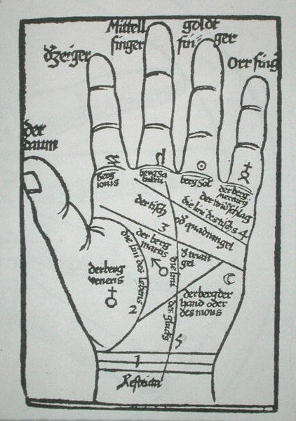 Chiromantic hand, ilustração de "Physiognomonia" de B. Cocles, publicado em Estrasburgo de German School