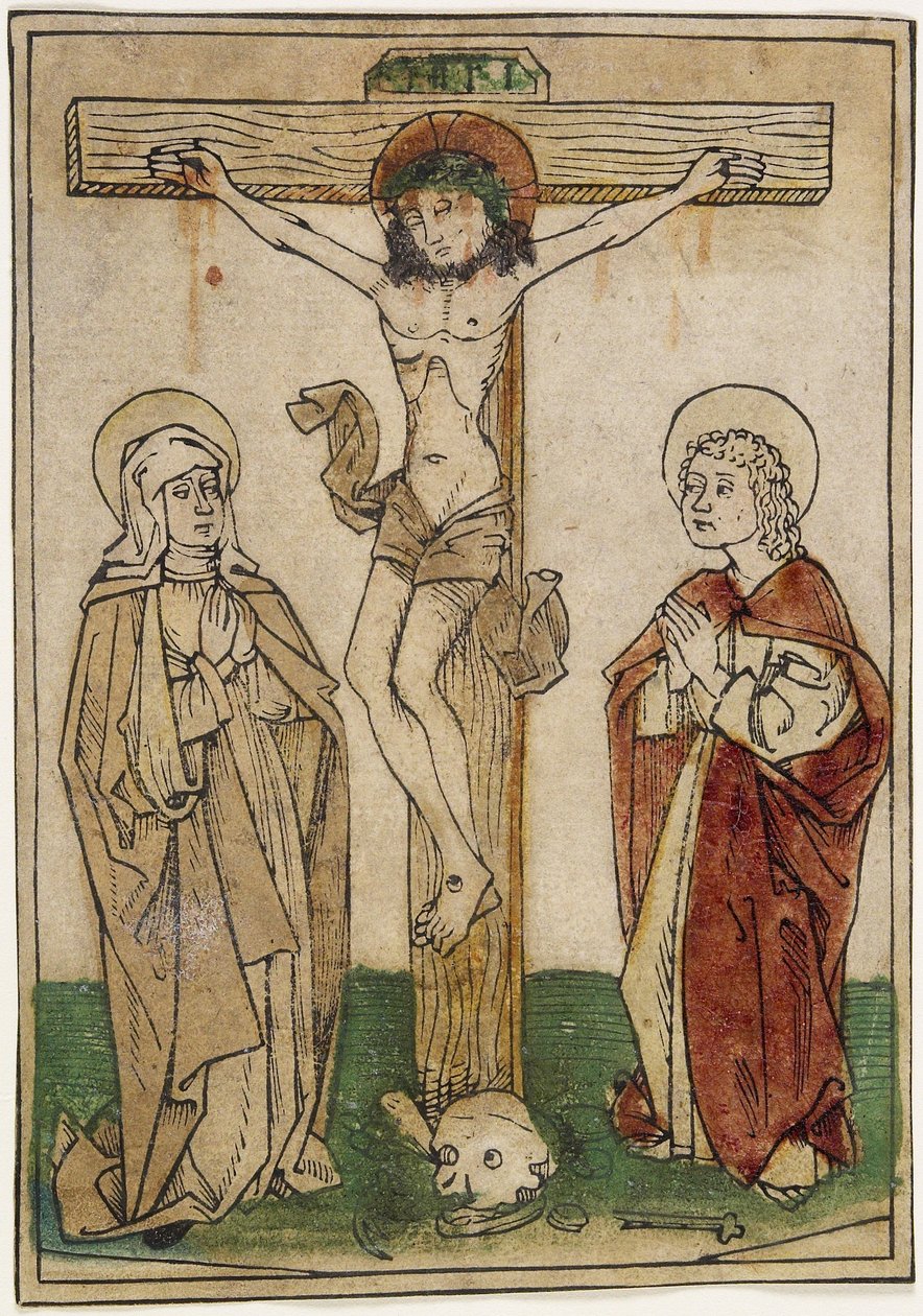 Cristo na cruz com Maria e São João, c.1470-80 (xilogravura colorida à mão em pergaminho) de German School