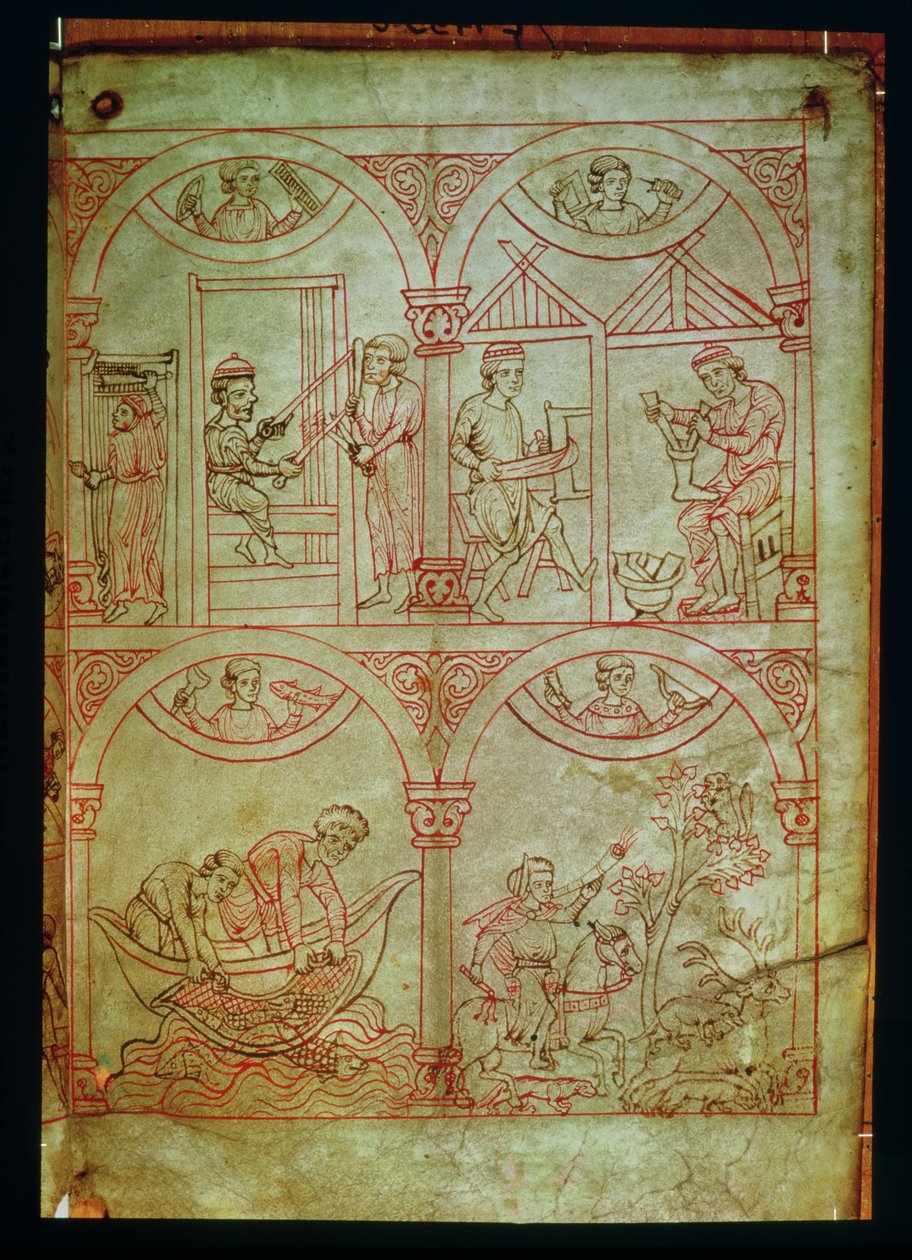 Codex 507 fol.2r Weaver, Sapateiro, Pescadores e Caçador, de Renner Musterbuch, c.1208-18 de German School