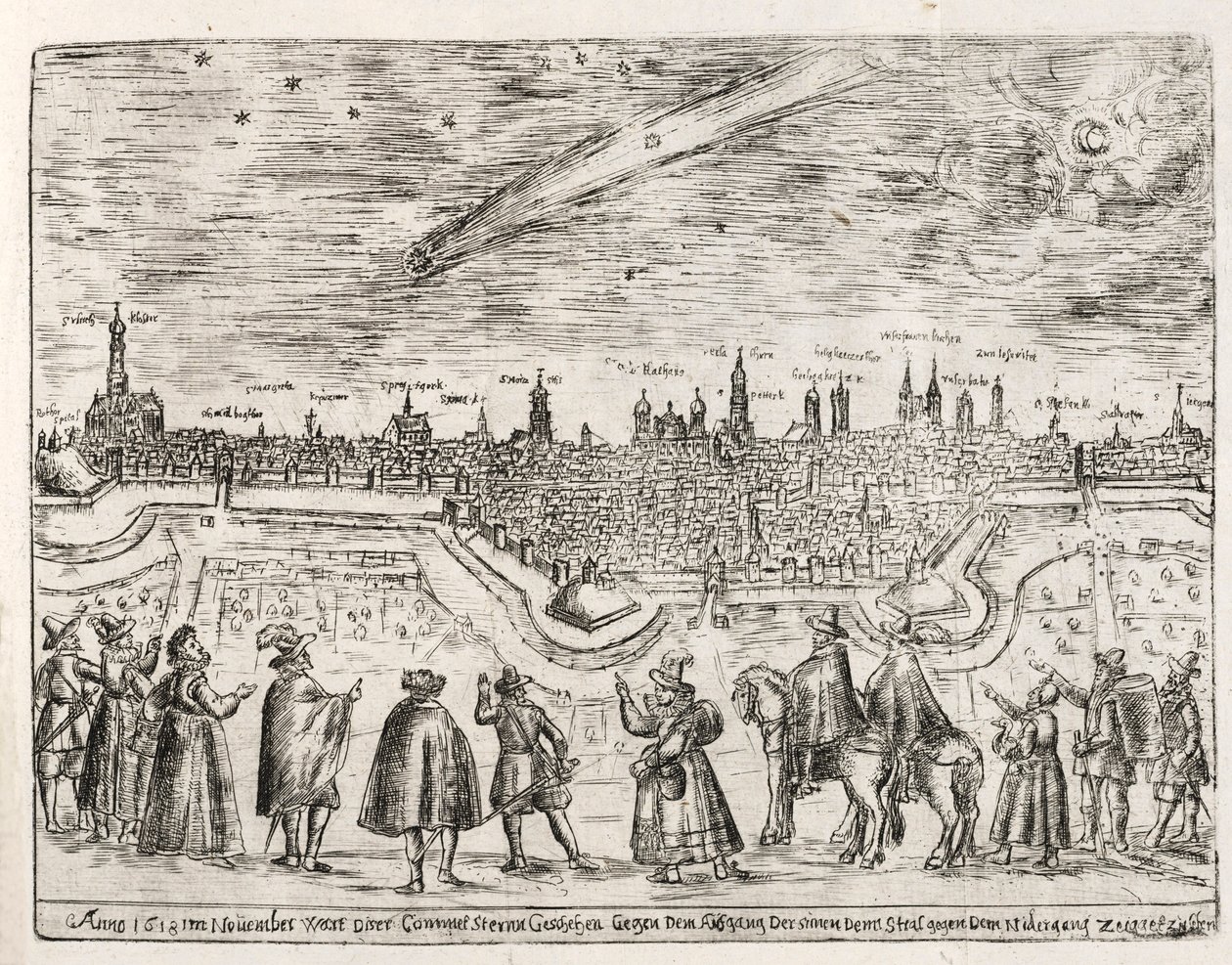 Cometa visto sobre Augsburg no final de novembro de 1618, pub. 1618. de German School