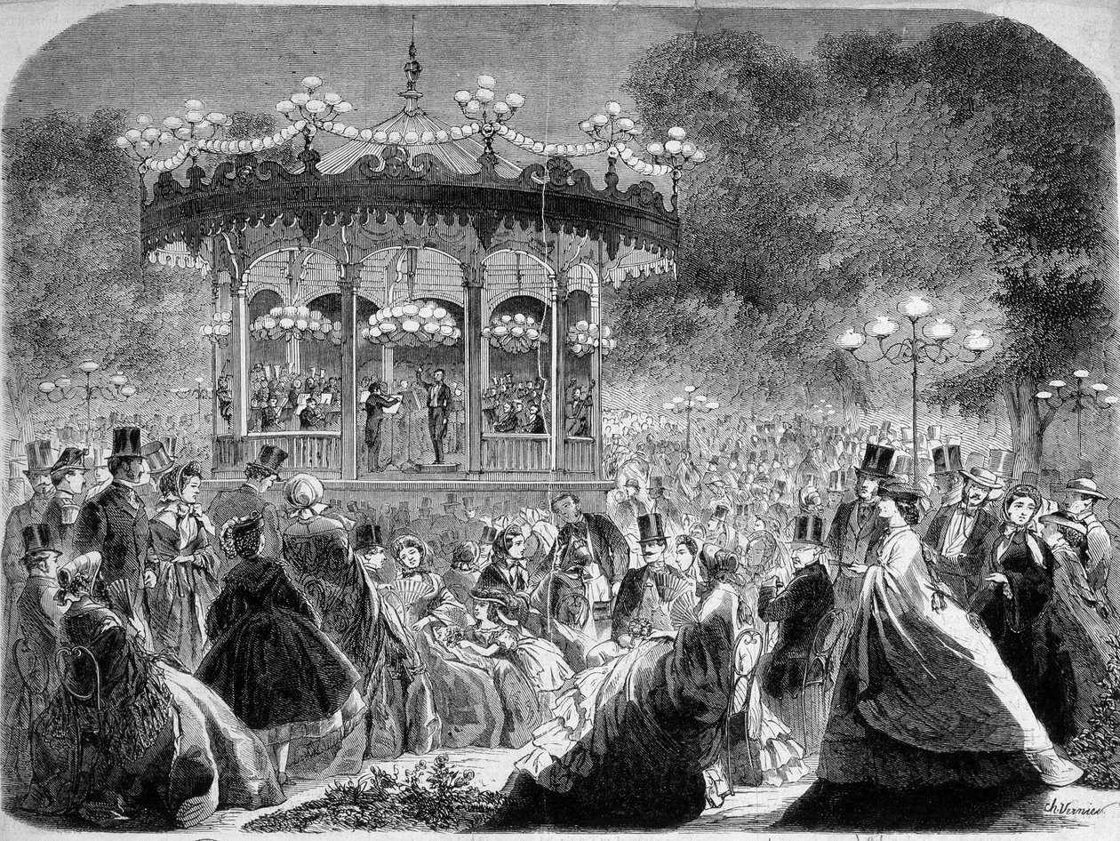 Concerto no quiosque de música Champs-Elysées, gravura alemã v. 1861. de German School