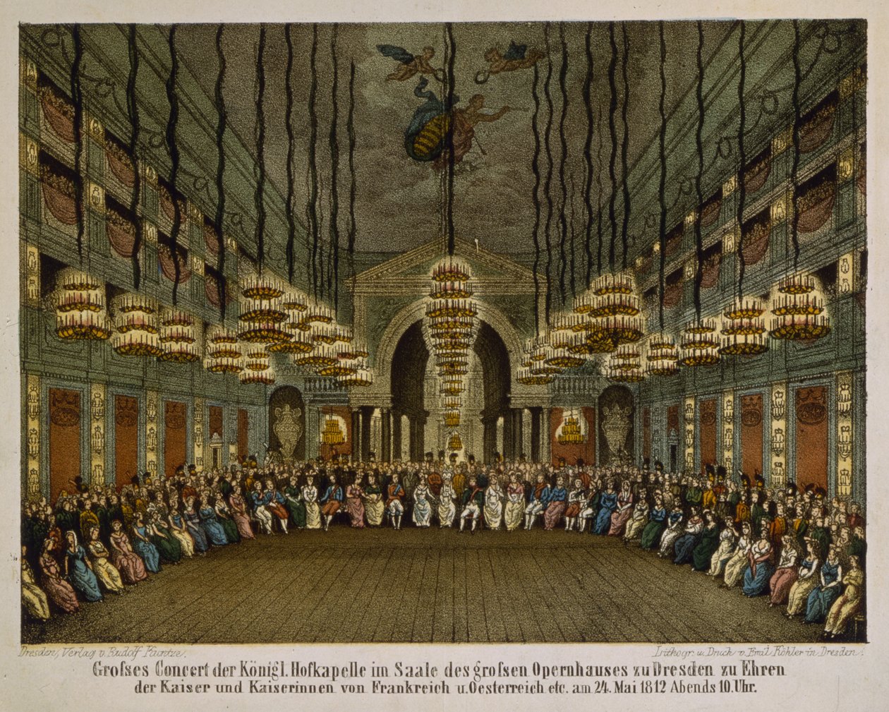 Concerto da banda real no auditório da Ópera de Dresden em homenagem ao casal imperial, 1812 (cor lito) de German School