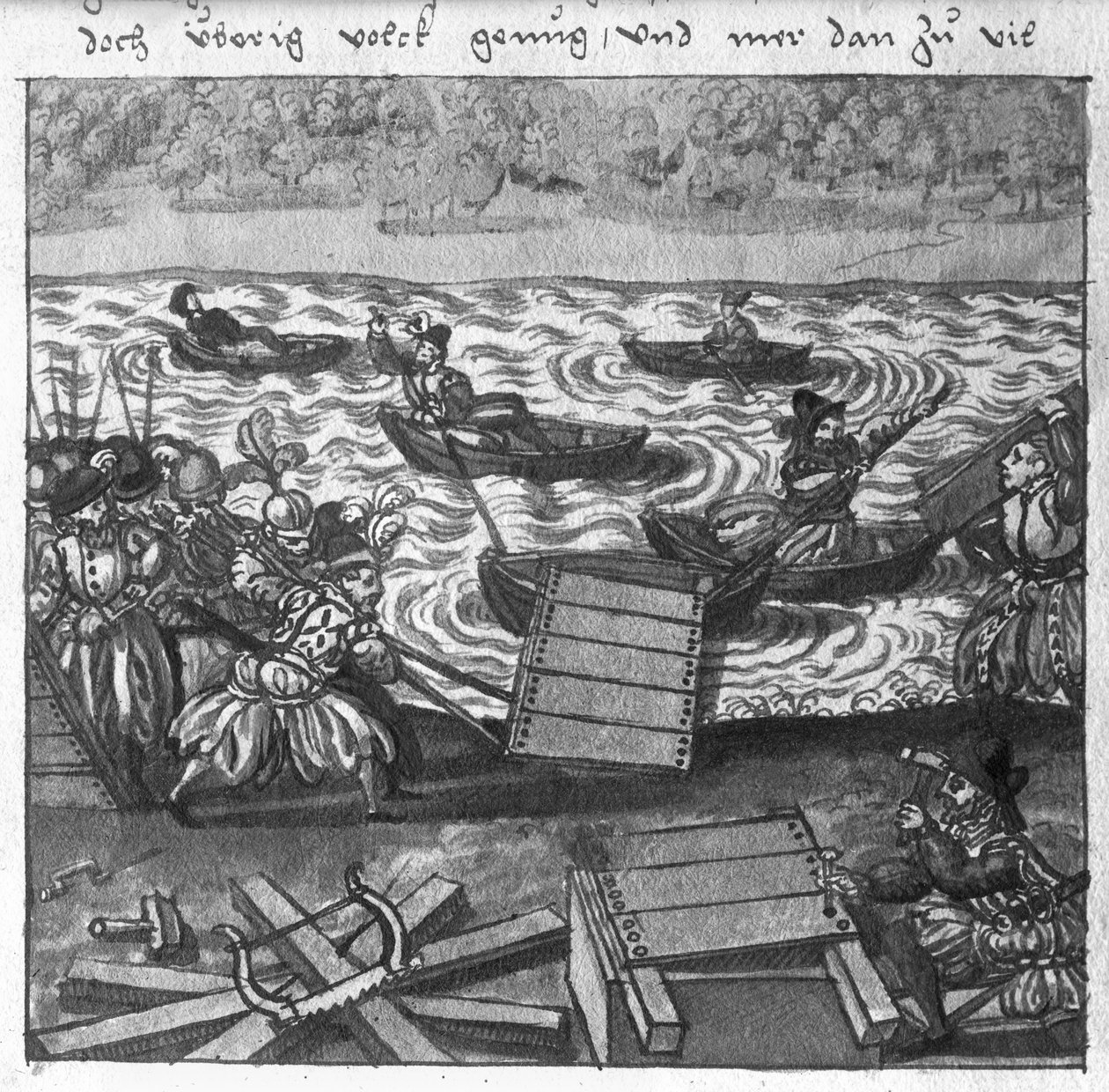 Construindo uma ponte sobre a água, ilustração de LArt de lArtillerie por Wolff de Senftenberg, final do século XVI de German School