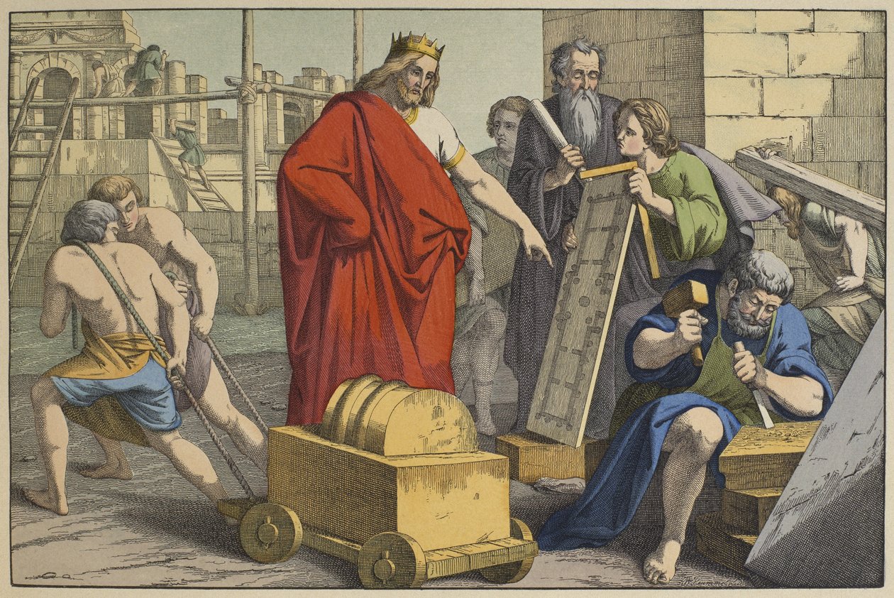Construção do Templo de Jerusalém, ilustração de LAncien Testament, publicado por Jakob Ferdinand Schreiber, Esslingen (gravura a cores) de German School