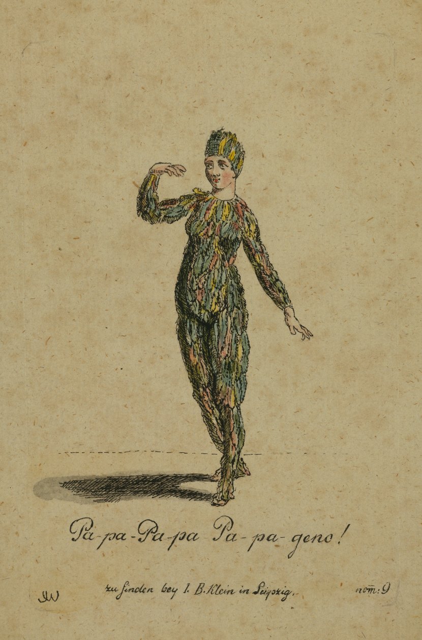Figurinos para o papel de Papageno na ópera A Flauta Mágica de Wolfgang Amadeus Mozart, publicada em Leipzig por IB Klein, 1793 (gravura colorida) de German School