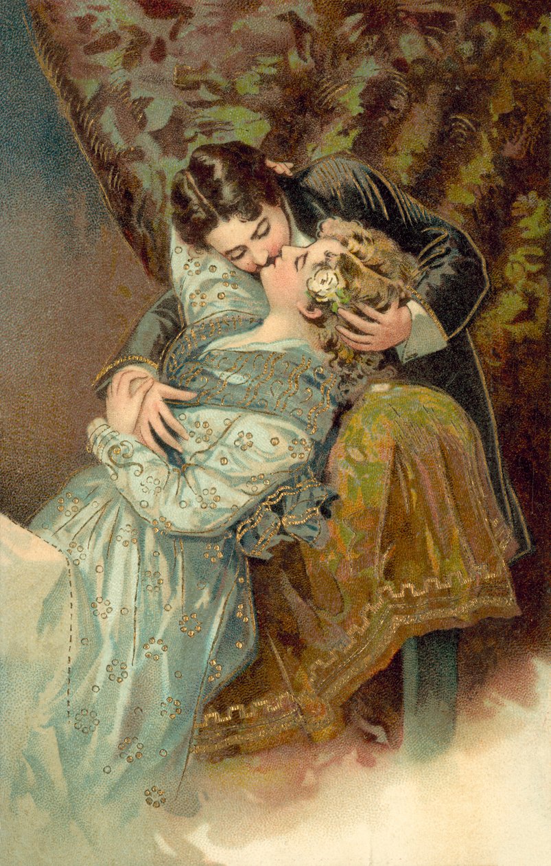 Casal a beijar-se (litografia a cores) de German School