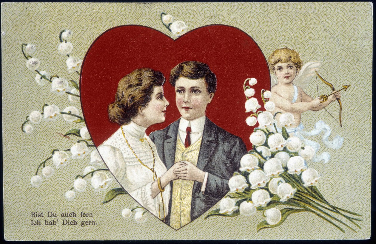 Casal de amantes num coração rodeado de lírios do vale e Cupido (Eros) - cartão postal alemão, século XX de German School