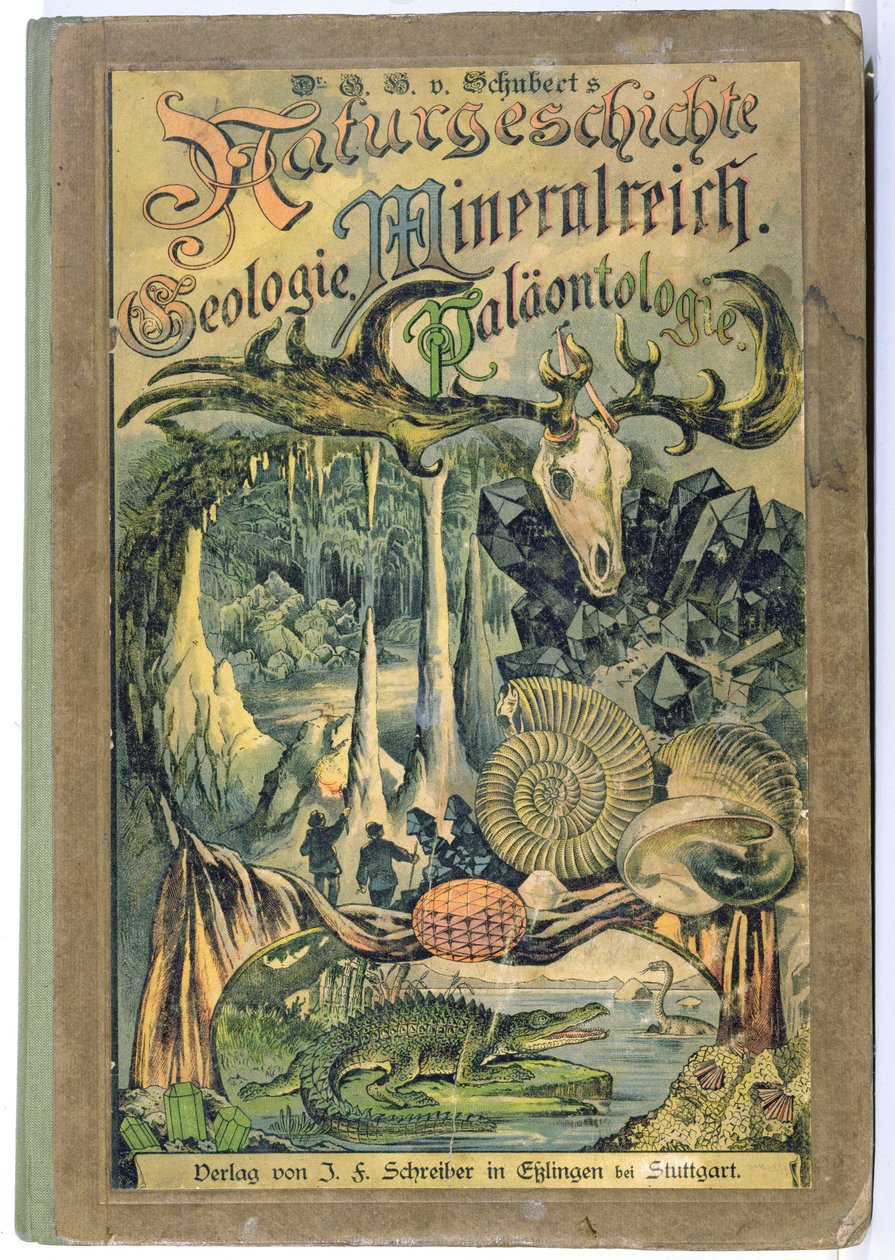 Capa de História Natural, Geologia, Reino Mineral, Palaontologia pelo Dr. med. H. von Schubert, Stuttgart, 1888 de German School