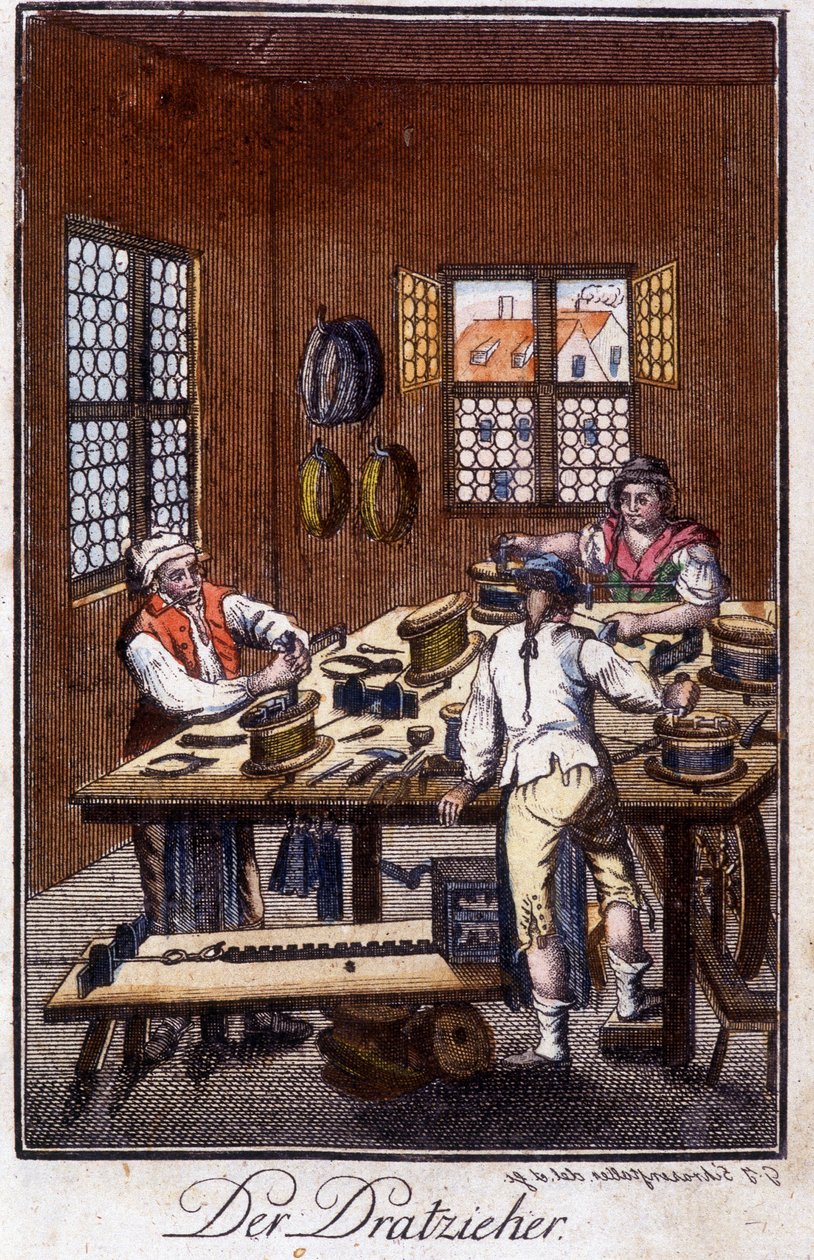 Artesanato: o atirador de ouro (maca ou avanço de prata) na sua oficina. Em "Comprehensive description of arts and crafts and workshops for young people" por Johan Peter Vue. Ed. Nuremberga, Weigel e Schneider de German School